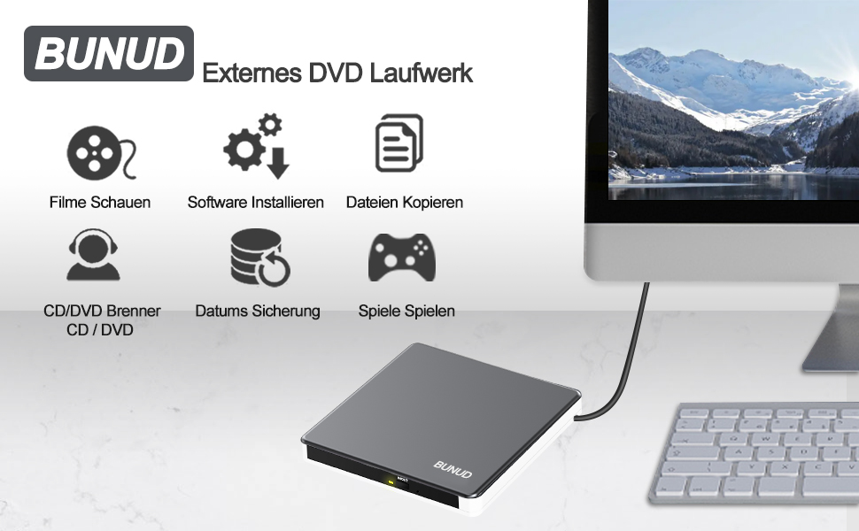 Зовнішній CD/DVD привід BUNUD для ноутбука та ПК: USB-C DVD-брунер з картридером SD/TF та 2 USB-портами для Windows 11, Mac, MacBook