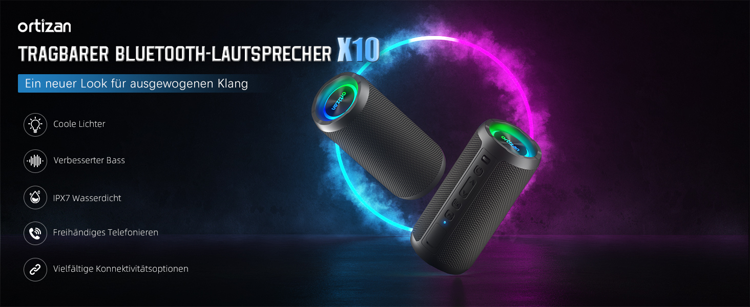 Портативна Bluetooth колонка Ortizan з підсвічуванням, IPX7 водонепроникність, подвійний бас, 30 годин роботи, функція гучного зв'язку, чорна