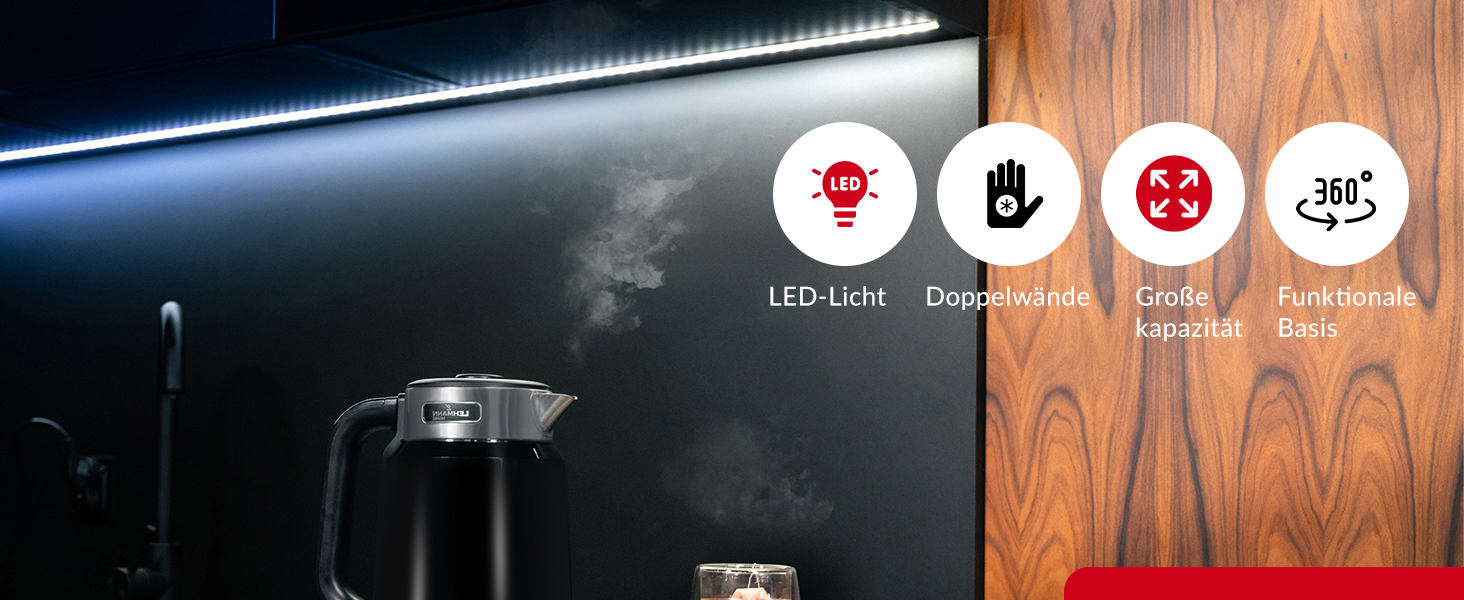 Електричний чайник LEHMANN з нержавіючої сталі 2L, 2200W, швидке нагрівання, подвійні стінки, автовимкнення та захист від перегріву, BPA-free, для великих сімей та офісів, чорний