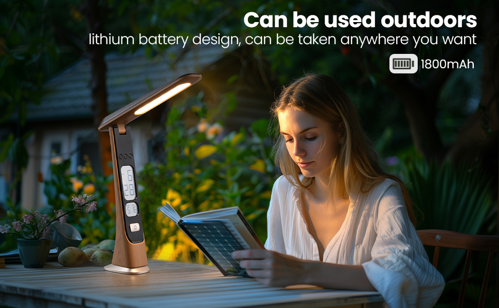 LED настільна лампа на акумуляторі, диммування, USB зарядка, годинник, сенсорне керування, портативна для дому, читання, офісу