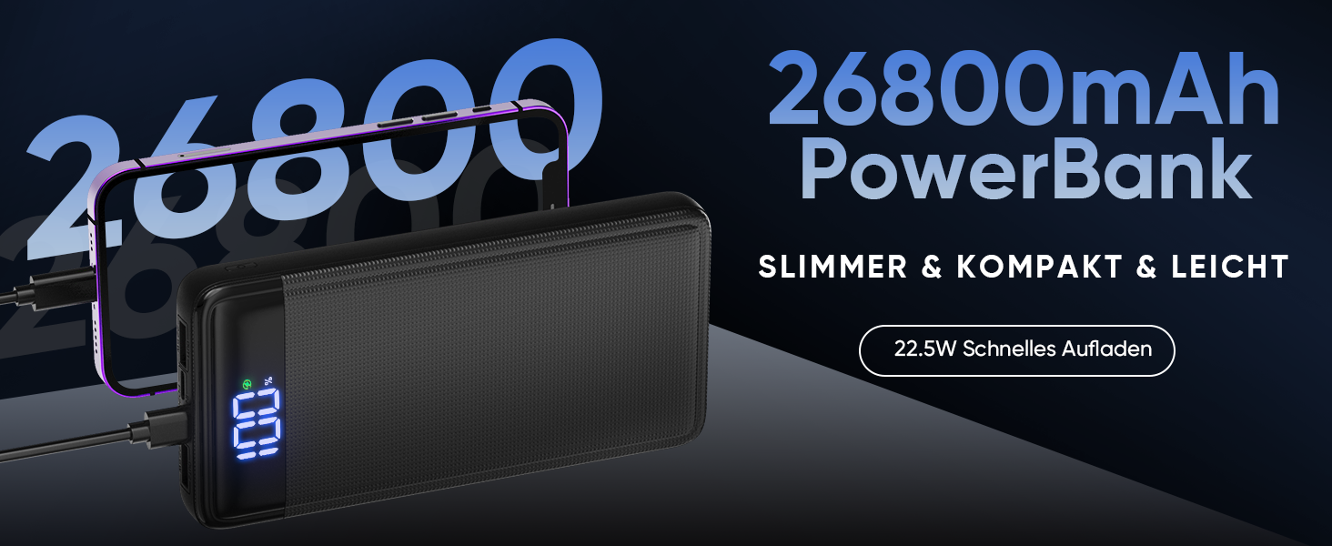 Power Bank 26800mAh 22.5W з USB-C PD3.0 QC4.0, Чорний - Зовнішній акумулятор для iPhone, iPad