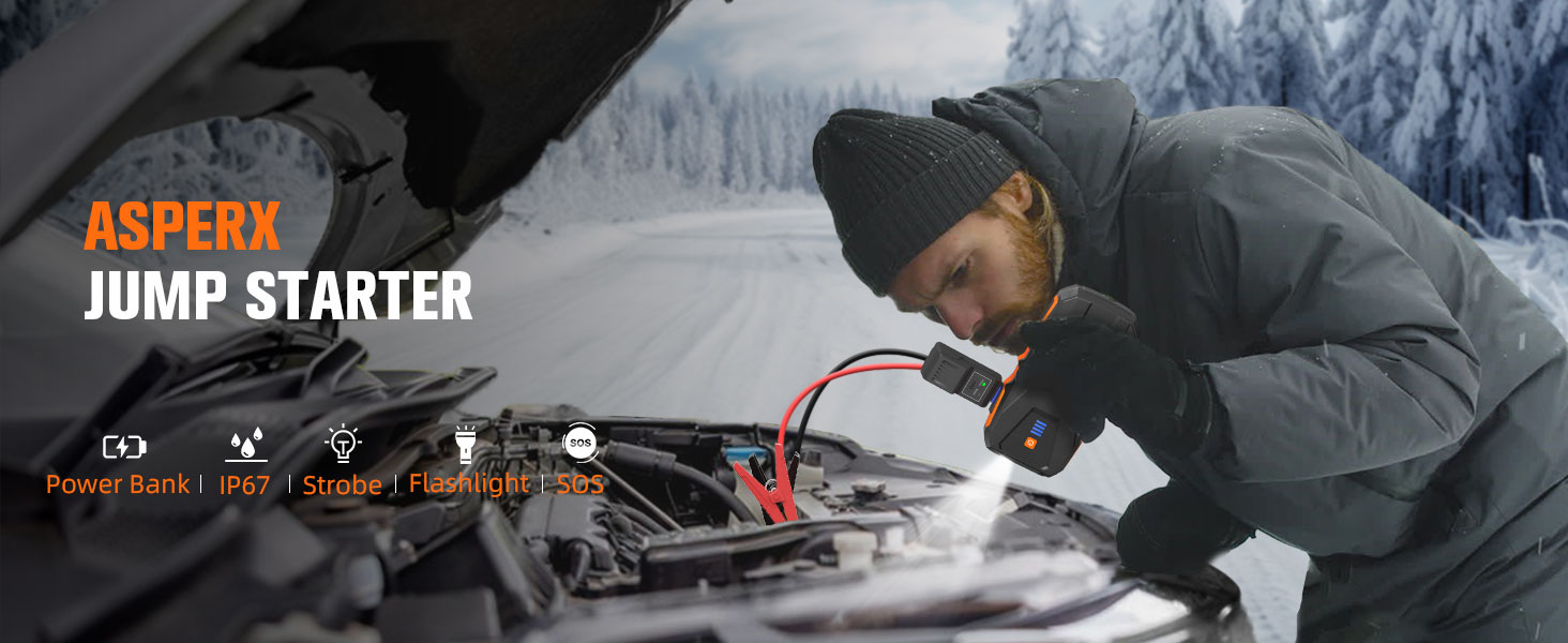 Powerbank Starthilfe AsperX 3000A: Зарядний пристрій для автомобіля 12V з кабелями, LED ліхтариком, IP64, для авто, вантажівок, мотоциклів