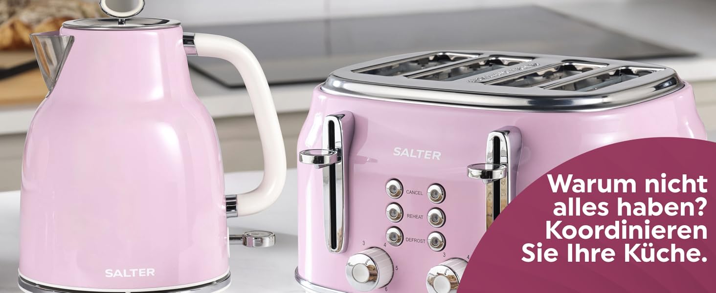Salter Retro 1.7L Electric Kettle - 3kW, 360° Swivel Base, Removable Scale Filter, Cordless, Water Level Indicator, Boil Indicator, Dry Boil Protection & Auto Shutoff, Pink