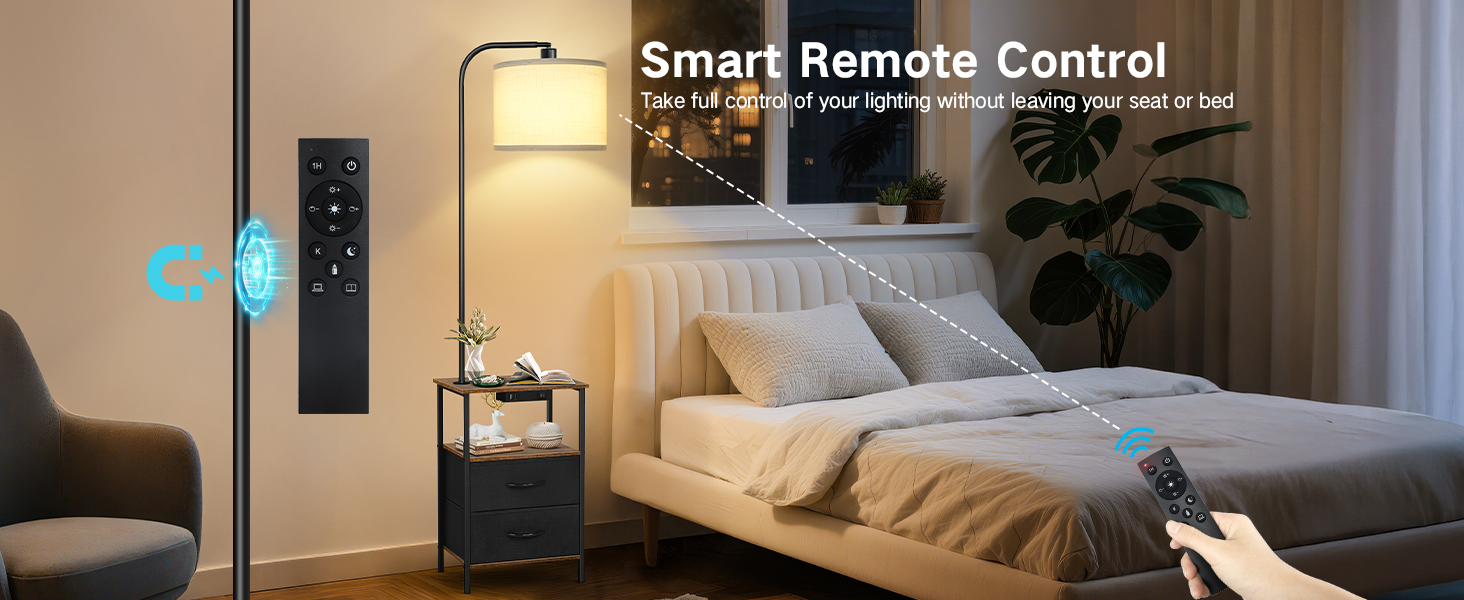 Стельова лампа для вітальні з тумбою та полицею, регульована LED, з пультом, 3 колірні температури, приліжкова тумба з зарядкою та полицею, дерев'яний столик для спальні/офісу (чорний з шухлядами)