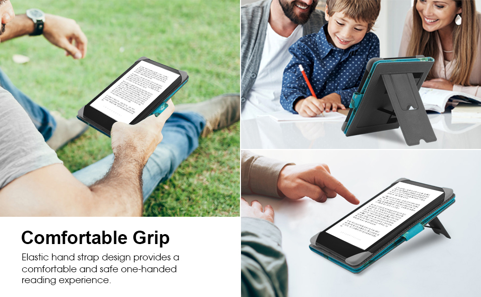 Чохол для Kindle, Kobo, Pocketbook, Tolino, Sony eReader (6.8'') з підставкою, шкіра, блакитний