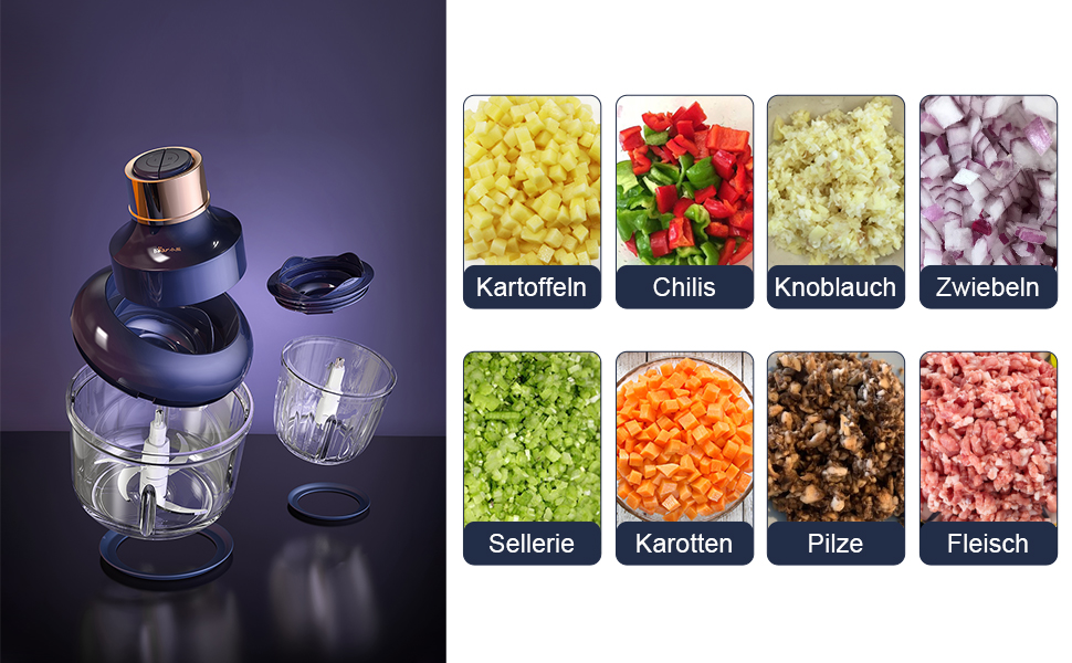 Електричний подрібнювач Bear Mini 0.6L+2L: подрібнювач для м'яса, овочів, фруктів та дитячого харчування з 4-ма лезами з нержавіючої сталі та м'ясорубкою