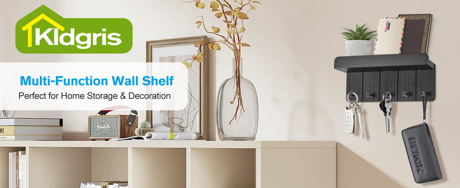 Дерев'яне ключниця з полицею, настінна | 5 гачків | для прихожей, кухні, спальні (чорний)