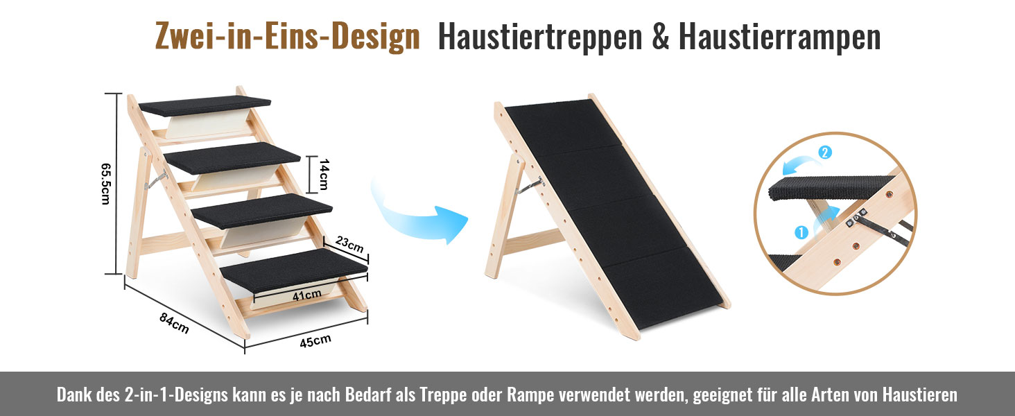 Сходинка для собак та котів 2-в-1, розкладна, 65.5 см, 4 сходинки, вантажопідйомність 80 кг, з антиковзним килимком