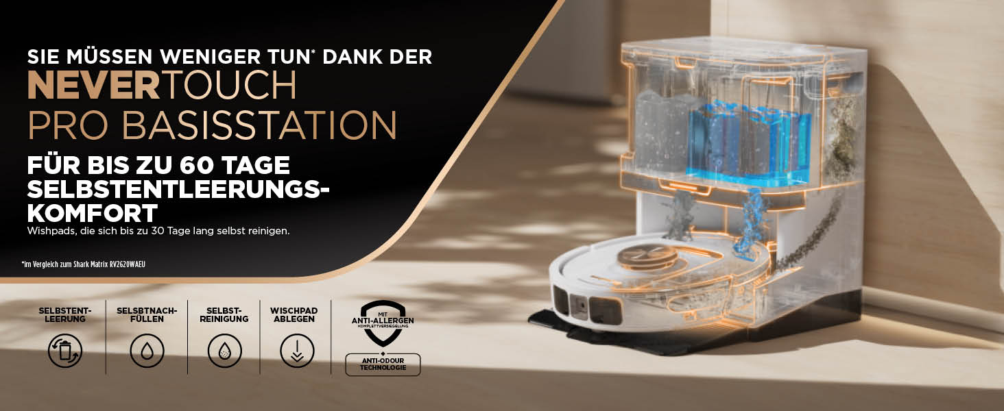 Робот-пилосос та робот-мийник Shark PowerDetect 2-в-1, NeverTouch Pro, самостійне очищення до 60 днів, 3D-LiDAR навігація, NeverStuck, керування через додаток, RV2800ZEEU, 2 щітки, Anti-Micro Pads, 1 капсула