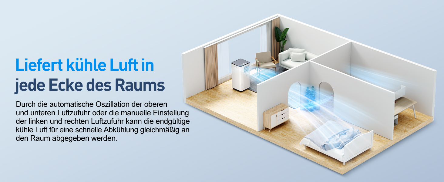 Мобільний кондиціонер Klimaanlage 9000 BTU 3-в-1: охолодження, осушення, циркуляція повітря, LED дисплей, пульт, таймер, тихий, енергоефективний, для приміщень до 88 м³