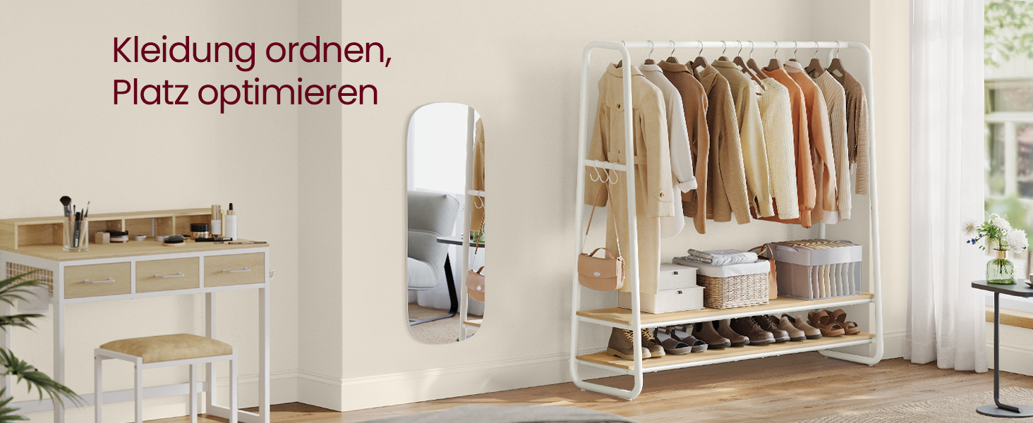 Стійка для одягу VASAGLE RGR119W09, 2 полиці, 6 гачків, сталеве каркас, 45 x 138 x 160 см, для спальні, коридору, прихожої, бежево-білий колір