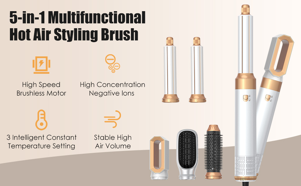 Набір для укладки Journeyside Airstyler: професійна щітка з гарячим повітрям 1000W, 5 насадок, автоматичний локонам, випрямляч, для створення об'єму, локонів та випрямлення (білий)