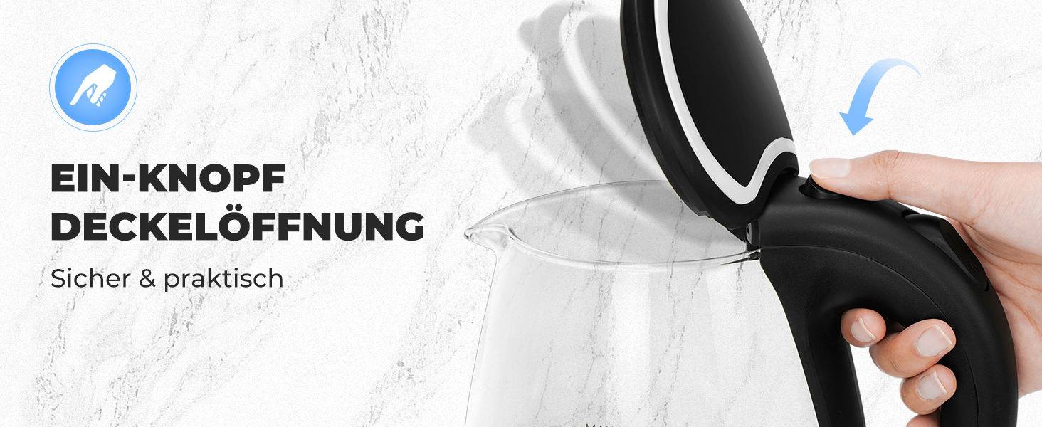 Електричний чайник Kowdom 1.8L з боросилікатного скла, BPA-free, 2200W, швидкий нагрів, автовимкнення та захист від сухого кипіння, чорний