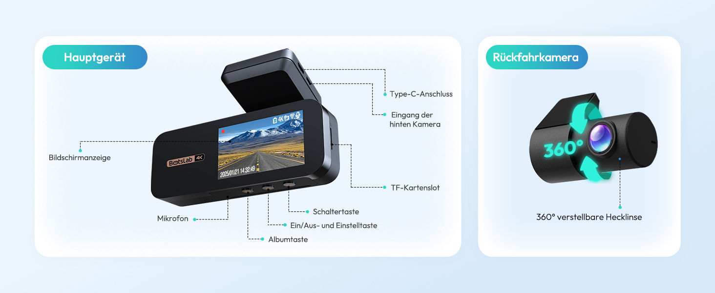 Автомобільний відеореєстратор BOTSLAB G980H 4K Dual (передній та задній), GPS, WiFi, ADAS, нічна зйомка, кут 170°, IPS дисплей 2.45