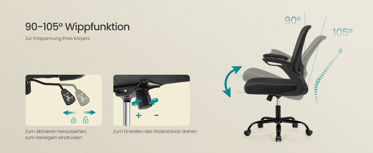 Офісне крісло SONGMICS з ергономічною спинкою з сітки, підтримкою попереку та підголівником, функцією гойдання, сидіння 53 см, відкидні підлокітники, для офісу та спальні, для студентів, чорне