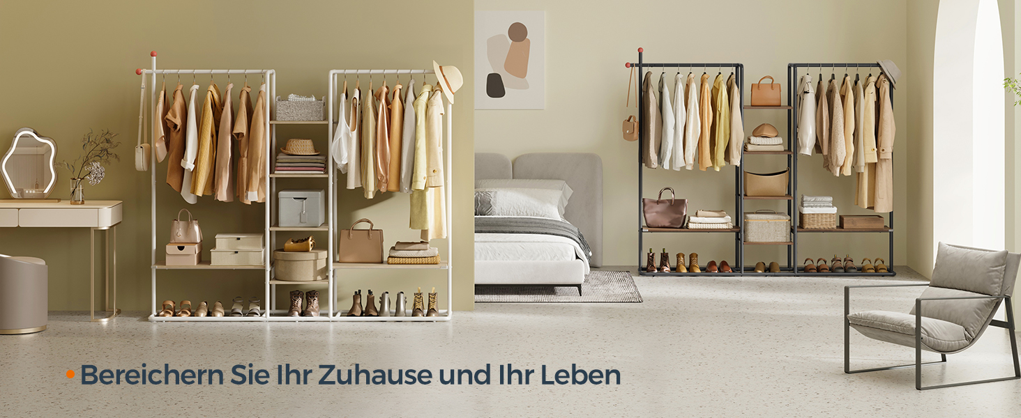 SONGMICS Стійка для одягу з відкритими полицями, 6 поличок, 2 перекладини, гачки, для спальні, приглушено-бежевий + матовий білий, RGR012K01