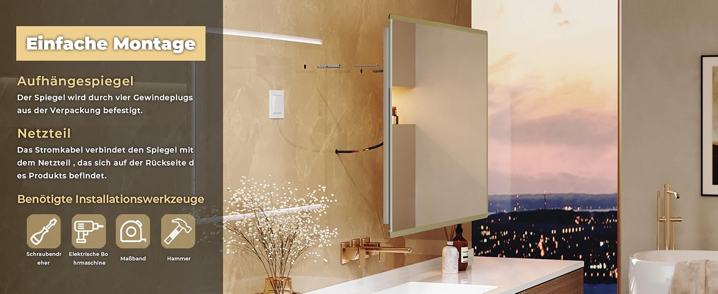 Дзеркало для ванної кімнати з підсвічуванням 60x50x3,5 см, LED, 6400K, холодний білий, економія енергії, вертикальне/горизонтальне кріплення, вимикач на стіні, матові краї