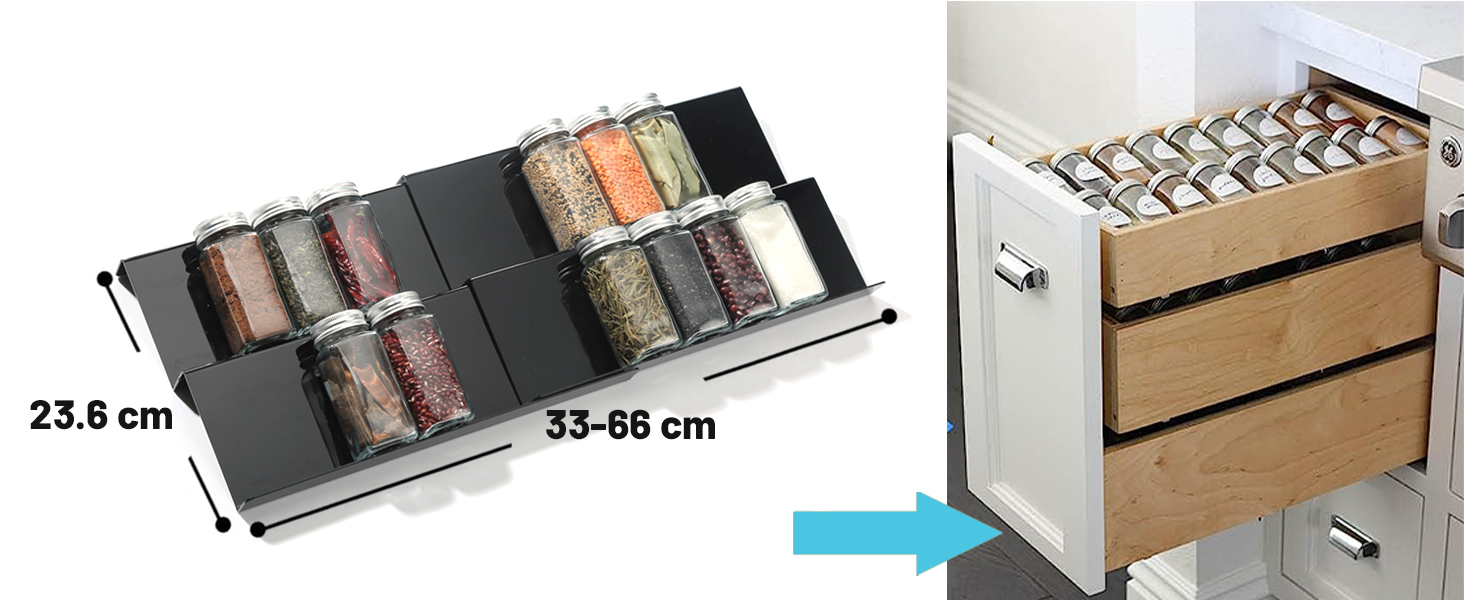 Black Spice Drawer Organizer with 28 Spice Jars, 348 Labels, Sifter and Pour Lids with Airtight Aluminum Caps, 4-Tier Clear Acrylic Drawer Tray Rack with Spice Containers