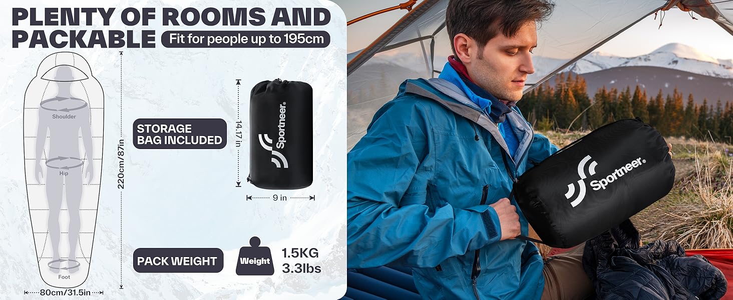 Сплячий мішок Sportneer - компактний та ультралегкий (950г/1500г) - кокон для кемпінгу та подорожей. 3-4 сезонний спальний мішок для чоловіків, жінок та дорослих. Чорний колір.