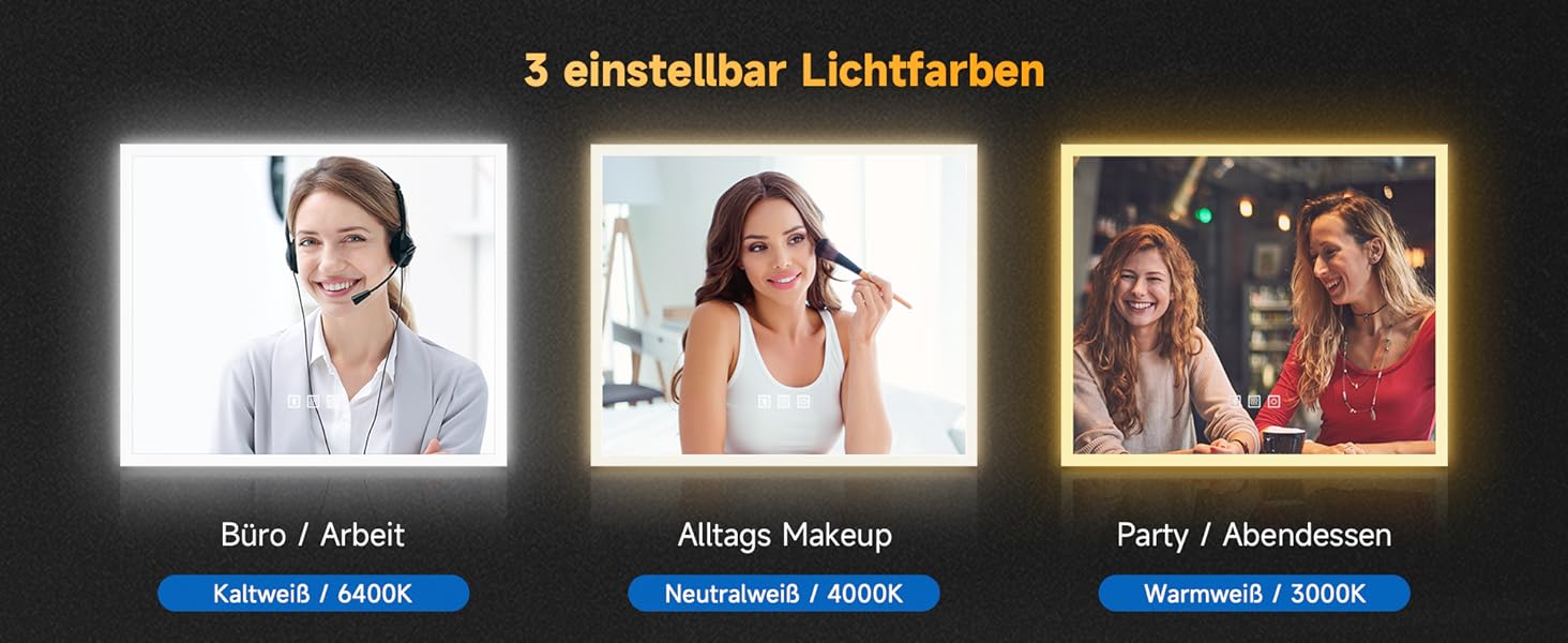 Дзеркало для ванної кімнати SONNI з LED-підсвічуванням, 100 x 60 см, антизапарник, IP44, сенсорне керування, 3 кольори світла, білий