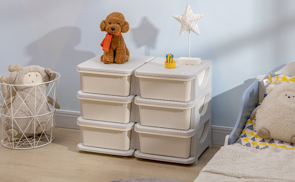 HOMCOM Kids' Chest of Drawers with Storage Boxes, Toy Organizer, Toy Box, Three Tiers for Kids' Rooms, 3-6 Years, Children's Furniture, 37 x 37 x 56.5 cm (75L x 37W x 56.5H cm, Cream White)