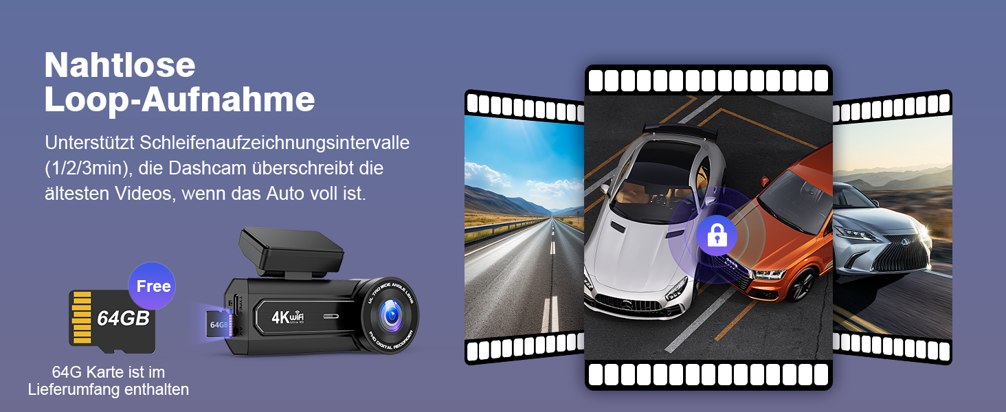 Відеореєстратор Chortau 4K+1080P з WiFi, 64GB, паркувальний режим, Super Night Vision, WDR, 170° та G-Sensor, чорний