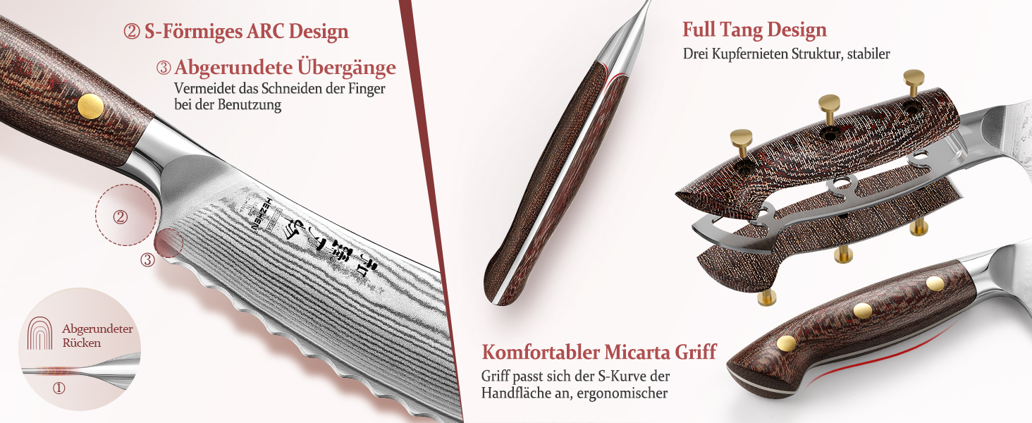 HEZHEN ніж кухарський 21 см з дамаської сталі 67 шарів, професійний, з дерев'яною піхвою, Full Tang з мікарти