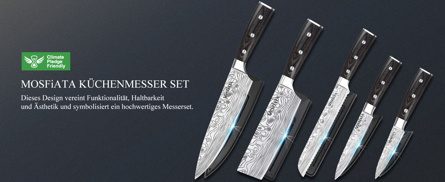 Набір кухонних ножів MOSFiATA 5 предметів з високоякісної вуглецевої нержавіючої сталі: Ніж Накірі 18 см, Універсальний ніж 13 см, Ніж для хліба, Точилка для ножів та Подарункова коробка