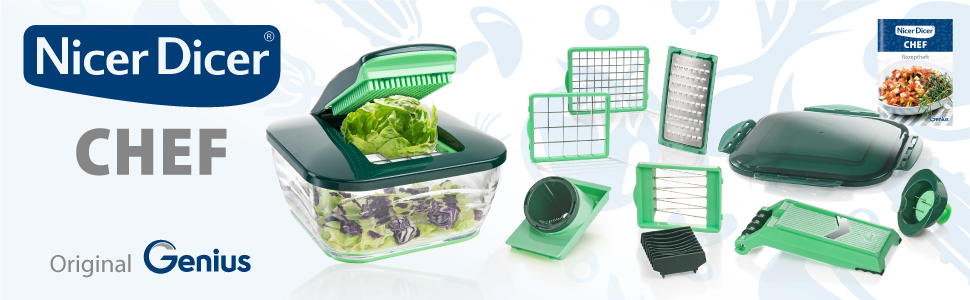 Набір Nicer Dicer Chef від Genius (15 частин): овочеріз, фруторіз, шинкувальник, подрібнювач, овочевий терт, мандоліна, зелень