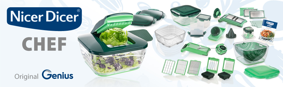 Овочерізка Genius Nicer Dicer Chef Deluxe XXL 37 предметів із набором скляних мисок, томатниця, овочерізка, 3-в-1 друшляк, шинкувальник, зелений