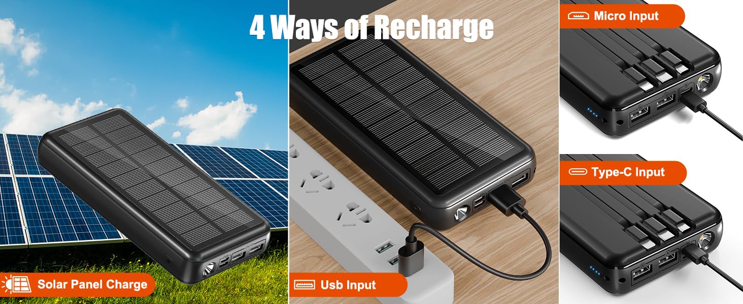 Сонячний павербанк 48000 мАг з 3 кабелями, сонячна панель з 3 виходами та 2 входами, швидка зарядка QC22.5 та PD USB-C 20W для телефонів, планшетів, кемпінгу, подорожей, активного відпочинку
