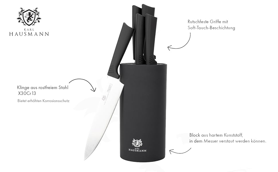 Набір ножів Karl Hausmann 5 предметів: набір ножів та підставка - кухонні ножі з нержавіючої сталі, чорний