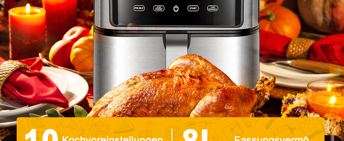 Фритюрниця повітряна XXL 8 літрів | 10-в-1 Airfryer | Розумна фритюрниця | Без олії | Цифровий LED-дисплей | 1500W | Чорний