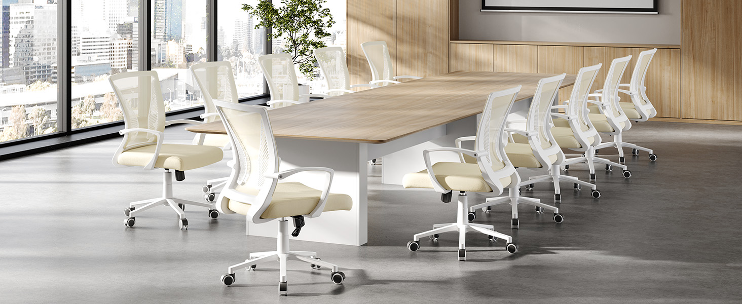 Офісний крісло Yaheetech ергономічне, з сітчастою спинкою, з підлокітниками, для офісу та дому, комп'ютерне крісло, витримує до 136 кг, дихаюче, з функцією гойдання (Бежевий)