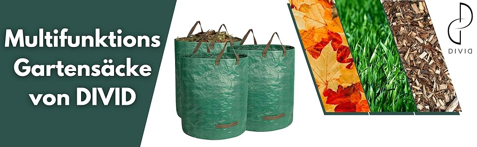 DIVID® Садові мішки з ручками, комплект 6 шт. по 272 л, самостійно стоячі, 4 ручки, міцні та складані, для збору листя, трави та садових відходів