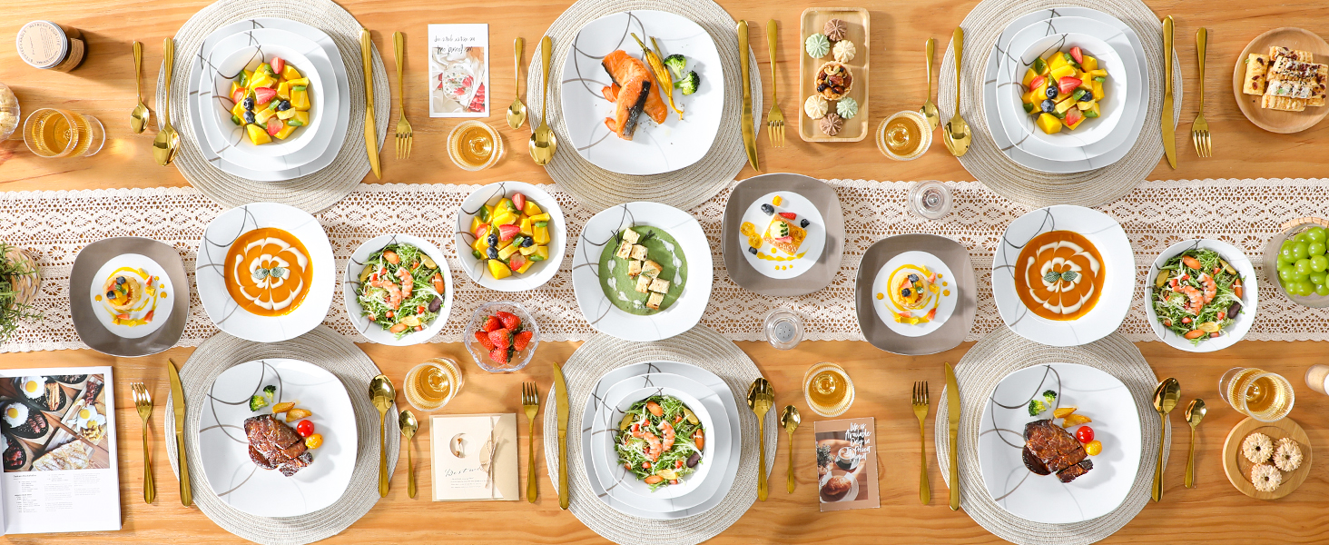 VEWEET Сервіз столовий 'Нікіта' з порцеляни, 24 елементи | Комплект посуду включає миски, десертні тарілки, тарілки для їжі та супові тарілки | Сервіз для 4-12 осіб, 24 елементи