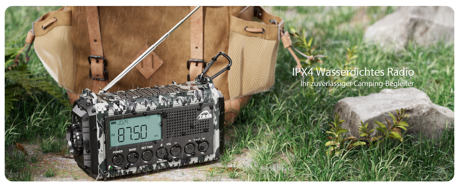 Радіоприймач AM/FM/SW для будівельних майданчиків, радіо з ручним приводом та світовим приймачем, радіо для надзвичайних ситуацій з роз'ємом Type C, Powerbank/SOS-сигнал/ліхтарик/лампа для читання/IPX4, портативне радіо для активного відпочинку, піших прогулянок, кемпінгу та будівництва (FM радіо, сірий камуфляж)