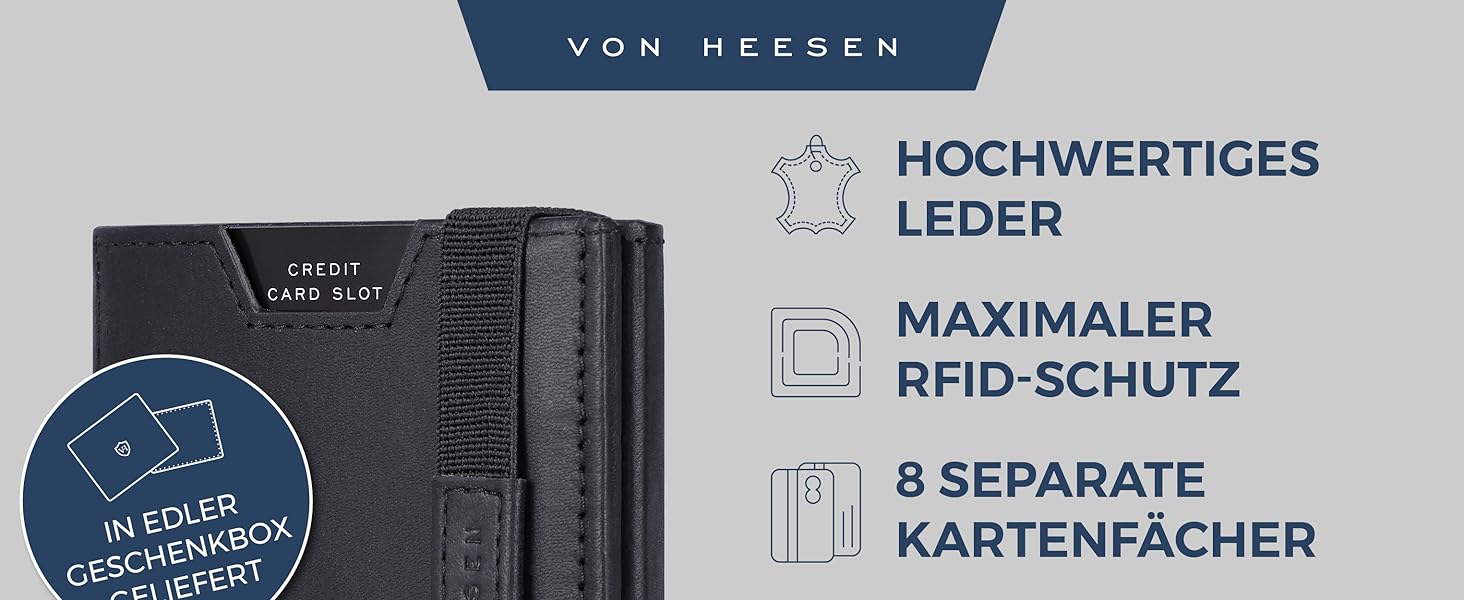 Картхолдер Von Heesen з монетницею RFID захист, шкіряний гаманець для жінок та чоловіків, чорний (Waxy)