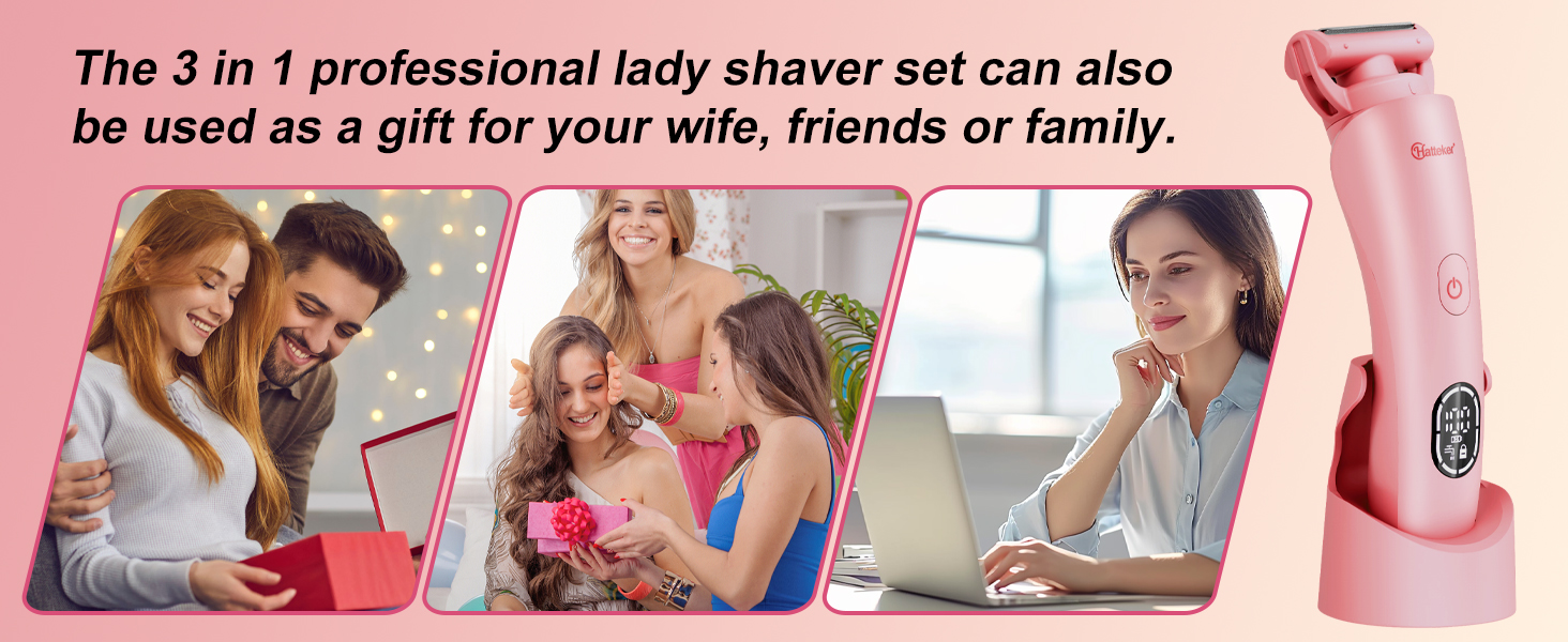 Електричний епілятор Hatteker 3-в-1 для жінок: тример для бікіні, епілятор та бритва. LED-дисплей, IPX7, USB-зарядка (Рожевий)