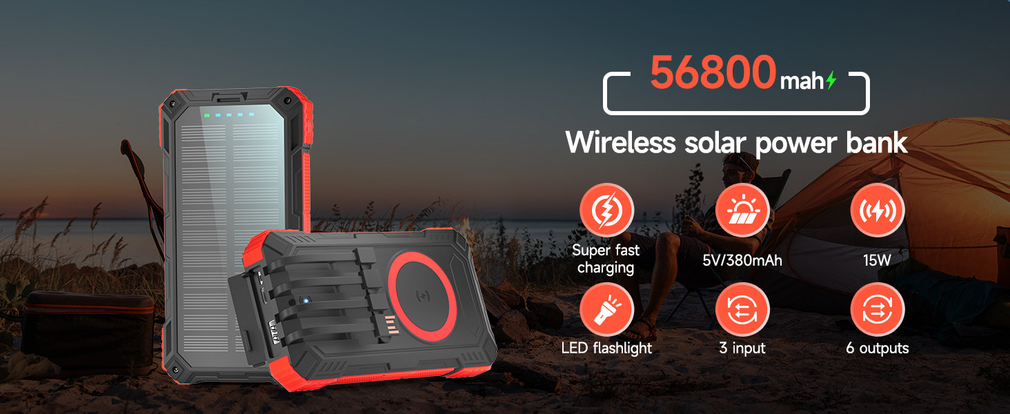Power Bank 50000mAh з кабелем, портативний акумулятор для телефону з LED-дисплеєм, швидка зарядка USB-C PD 20W та QC 22.5W, 2 входи/5 виходів, для планшетів, телефонів, подорожей, кемпінгу (Помаранчевий)