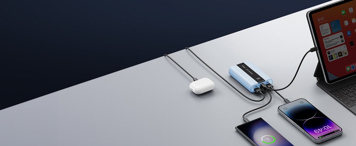 Power Bank VRURC 20000mAh: Швидка зарядка 22.5W QC/PD 3.0, USB-C, 6 портів, LED-дисплей, для iPhone, Samsung, Huawei, iPad, Зелений/Синій