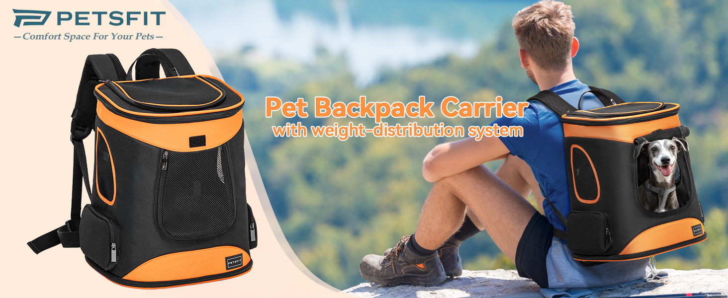 Рюкзак для кота та собаки Petsfit - зручний та дихаючий, до 5 кг, з сіткою та ременем, чорний та помаранчевий