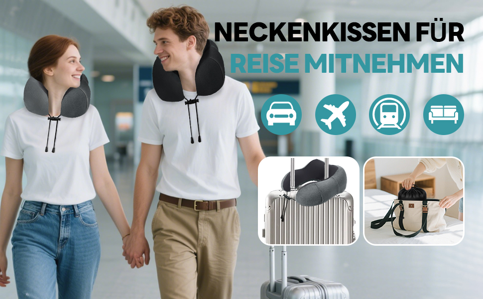 Подушка для шиї у літак - подушка для подорожей Memory Foam, ергономічна форма - подушка для шиї з маскою для сну, навушниками, сумкою - ідеально для літака, подорожей, офісу, дому (Сірий)