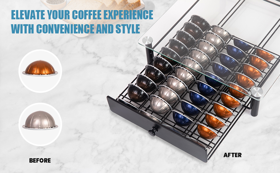 Висувна шухляда для капсул Nespresso Vertuo: органайзер на 40 капсул VertuoLine (1,35/2,7 л) - з безпечного скла, сумісна з Vertuo Next & Plus, розмір 37,5 x 33 x 8,9 см