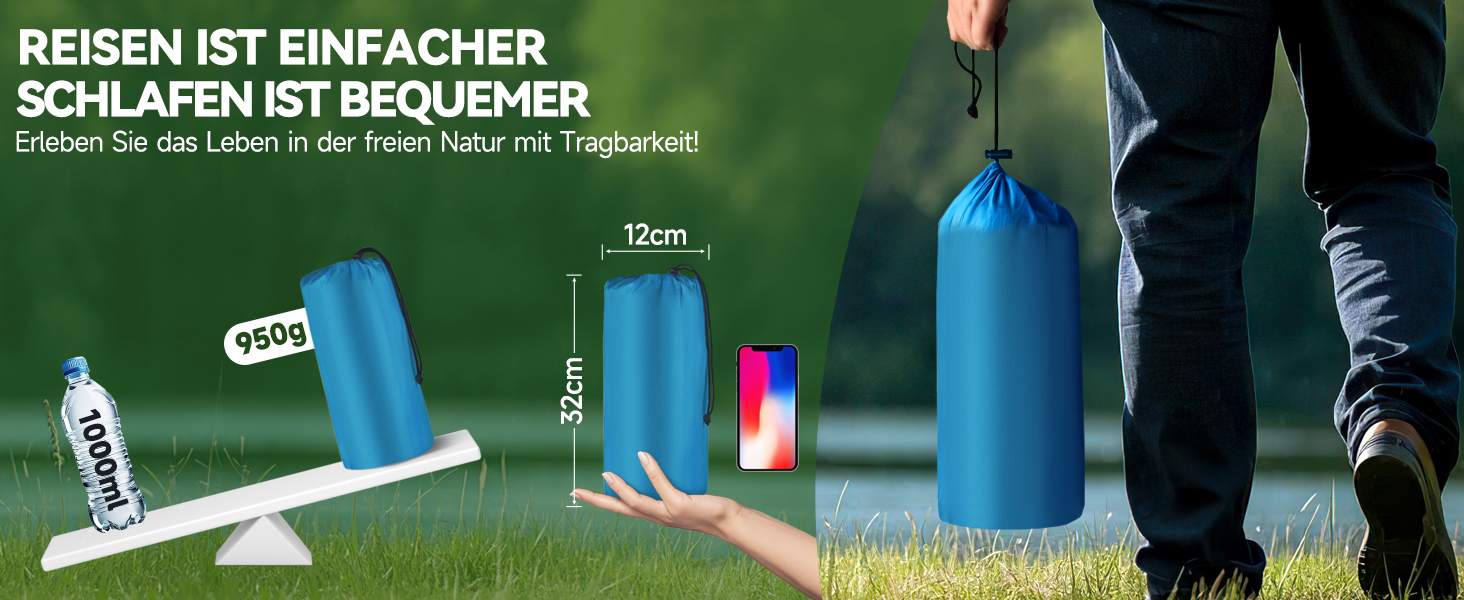 Надувний килимок для кемпінгу Isomatte 9 см, 200x68 см, з подушкою, водонепроникний, синій - для туризму, пляжу, намету