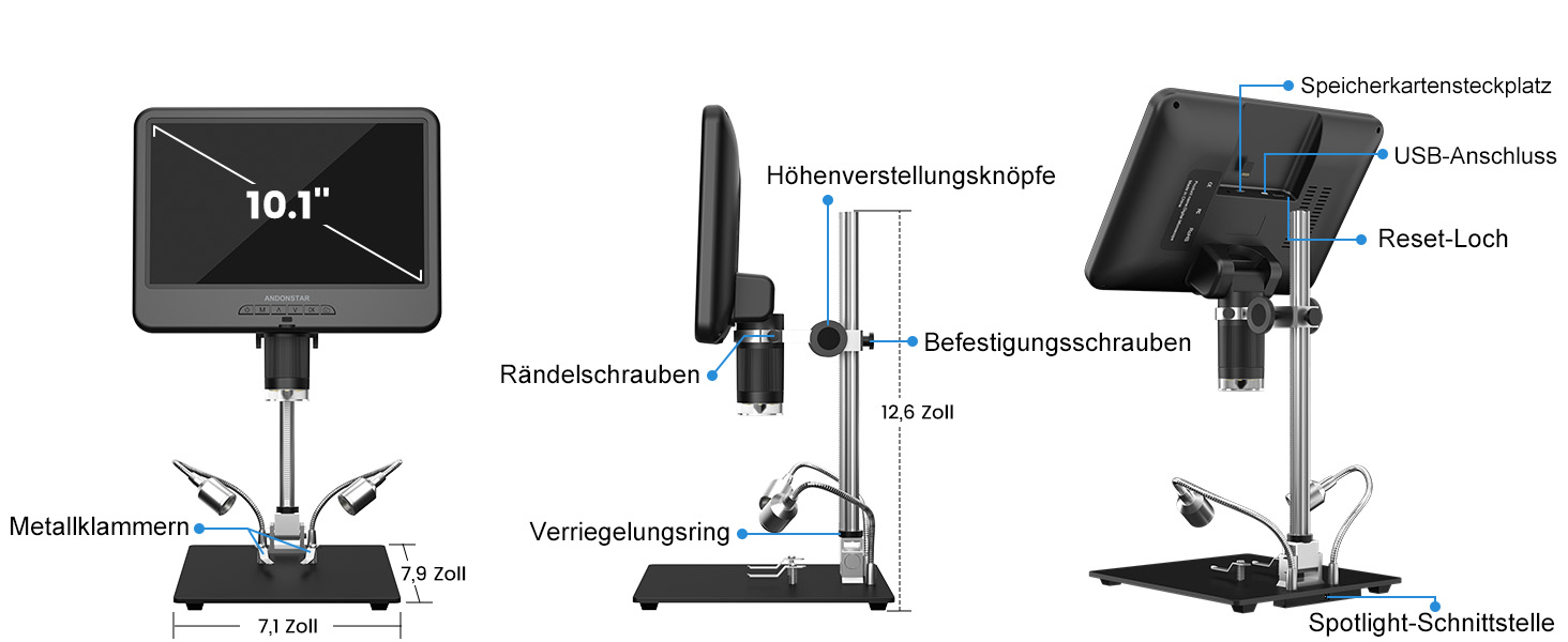 Мікроскоп цифровий Andonstar AD210 10.1 дюймів для дорослих, паяльний мікроскоп для ремонту електроніки, мікроскоп-камера для монет з повноекранним переглядом та підсвічуванням