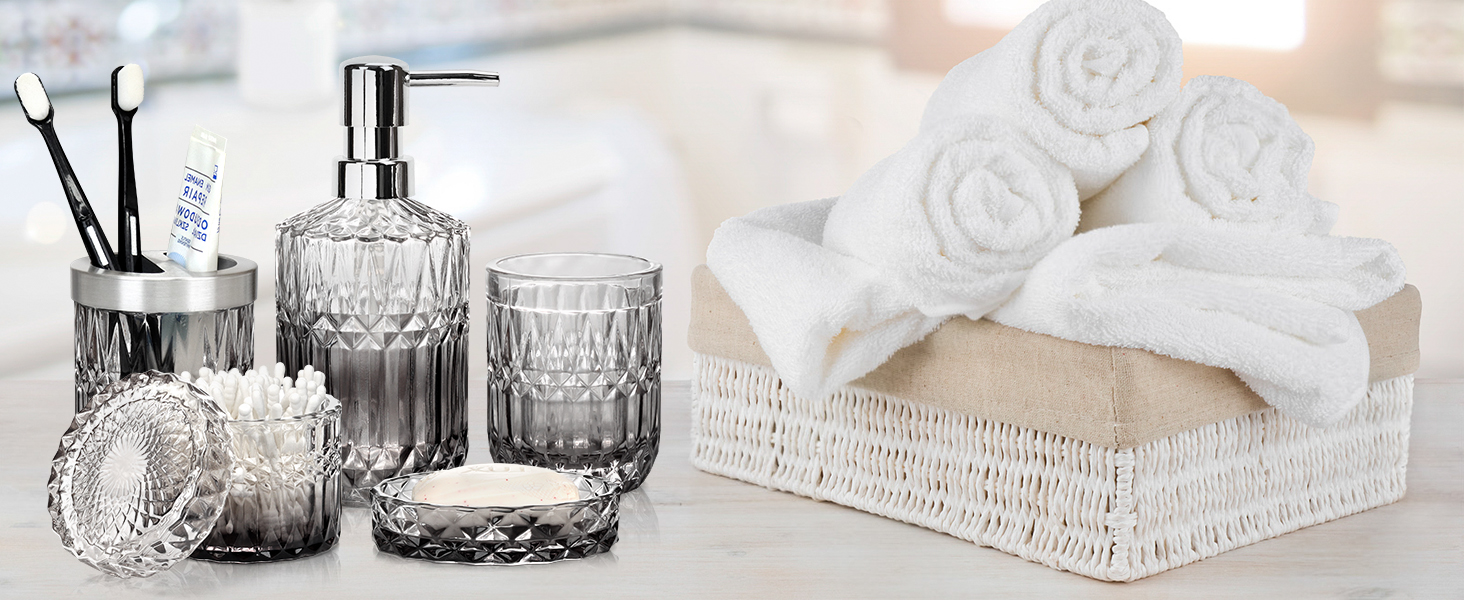 Набір аксесуарів для ванної кімнати зі скла, 5 шт. (мильниця, дозатор мила, стакан, тримач для зубних щіток, контейнер для ватних паличок), чорний