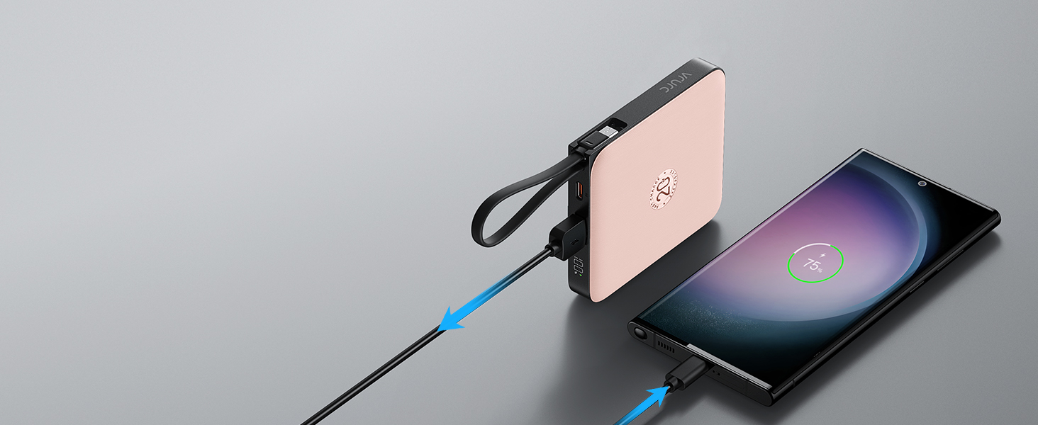 Power Bank VRURC 10000mAh з кабелем: компактний акумулятор USB-C, швидка зарядка 22.5W, LED-дисплей, сумісний з iPhone, Huawei