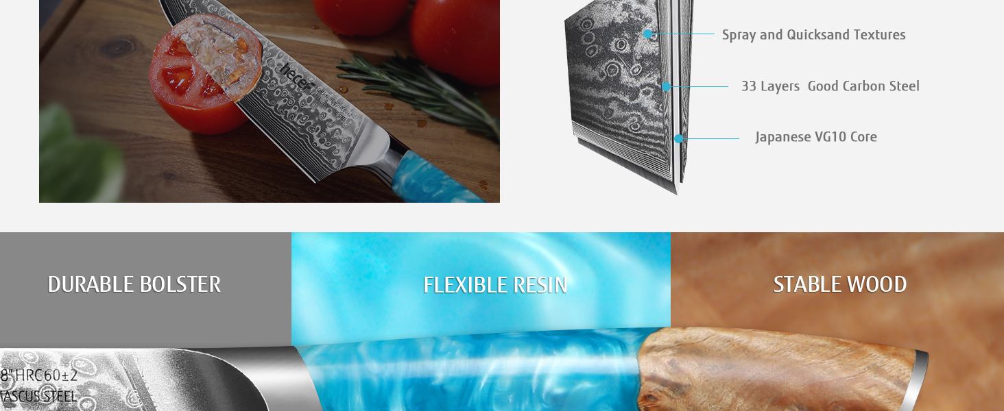 Японський ніж Hecef Damast 20 см з ручкою з харчової смоли: професійний кухонний ніж з дамаської сталі 67 шарів, з захистом для леза, подарунок для шеф-кухаря
