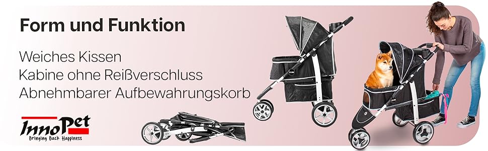 Візок для собак Innopet Monaco чорний з клямкою – універсальний візок для котів та собак, з дощем, складаний, знімний кошик, поворотне переднє колесо